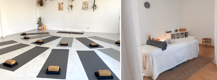 A bright yoga studio with mats and cork blocks neatly laid out. 
