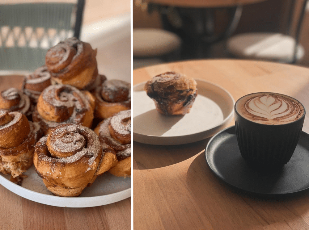 Cinnamon scrolls and a barista coffee